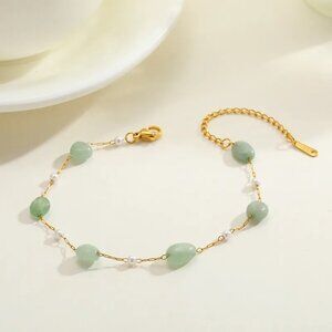 Luxe 18K Gold Plated Green Bead & Faux Pearl Chain Bracelet